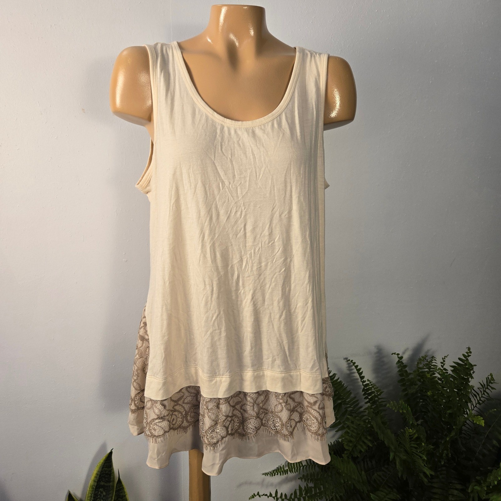 LOGO by Lori Goldstein Womens Tank Top Tunic Large Cream Lace Layered Hem