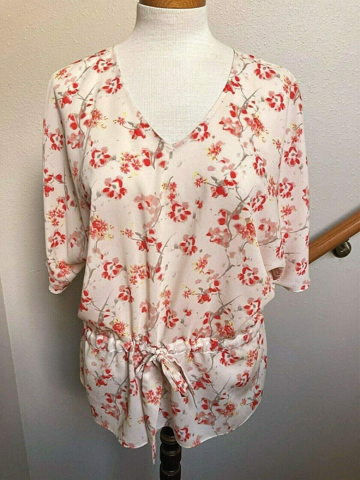 ANN TAYLOR-DOLMAN SLV TOP-IVORY W/PINKS/GRAY FLORAL PRINT-DRAWSTRING WAIST-S-EUC