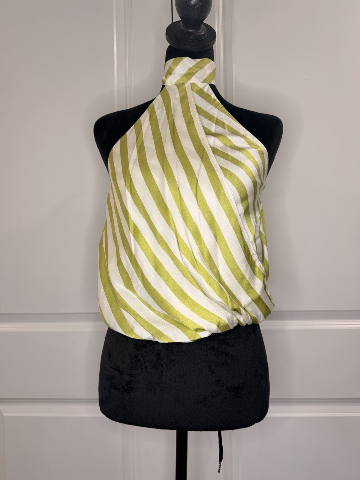 Maeve Green/White Striped Satin Viscose Halter Backless Tie-Back Top XS