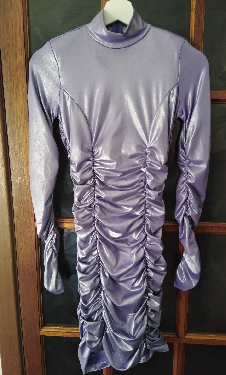 Guess Bodycon Designer Dress Ruched High Neck Womens Uk 4 Stretch Stunning Lilac