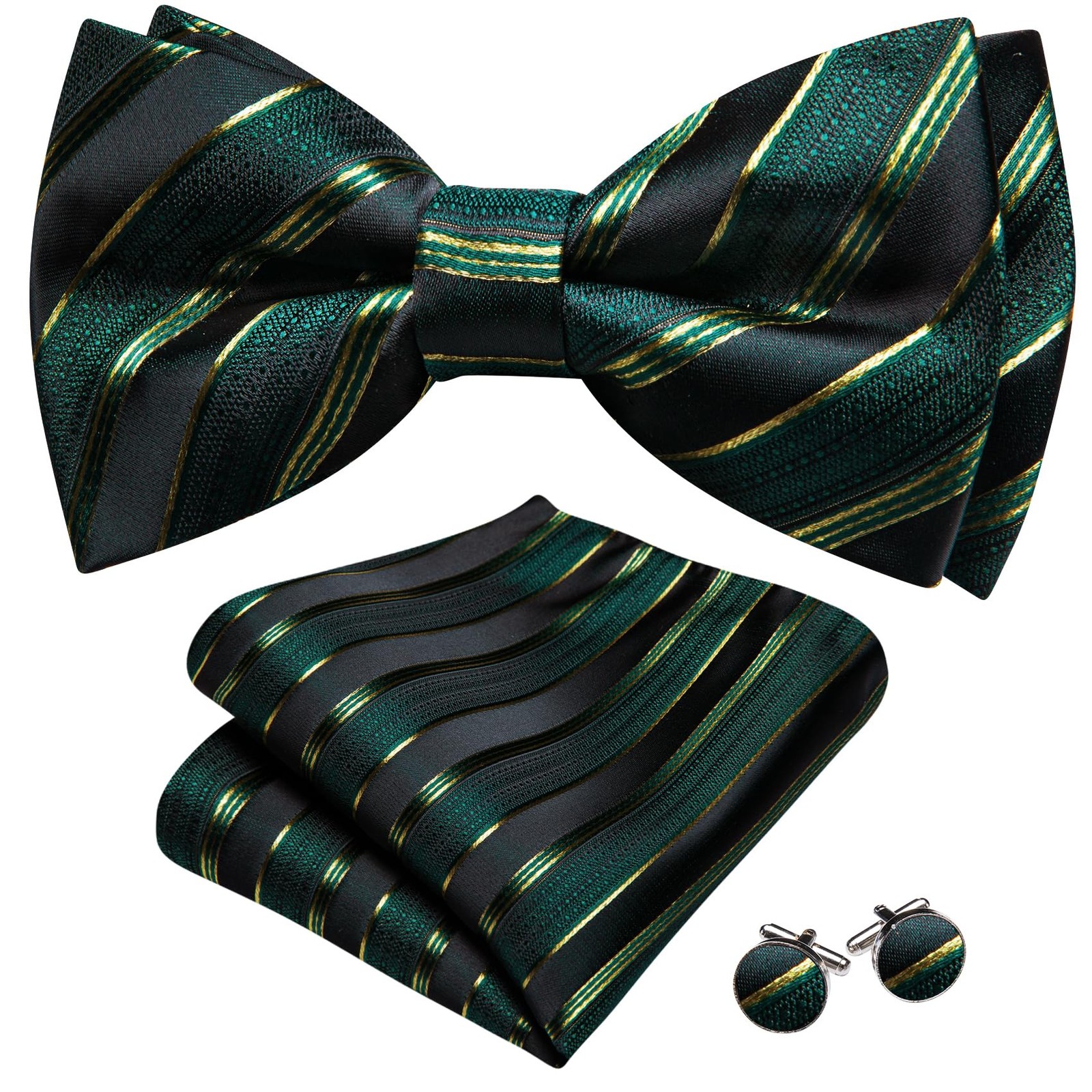 Barry.Wang Green Black Bow Tie for Men Striped Silk One Size, B