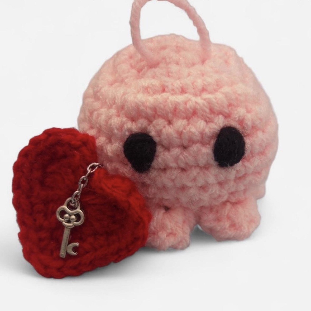 Crochet Pink Octopus Key Chain Bag Charm Set w/ Red Heart, Metal Keyring