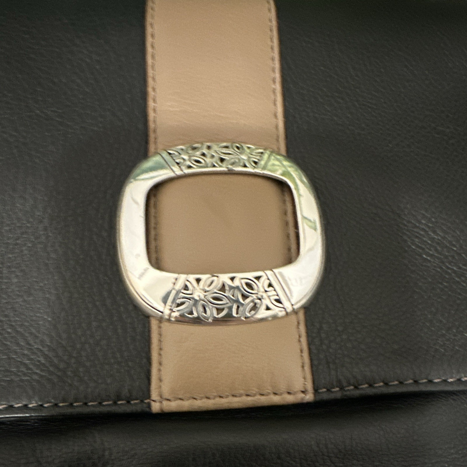 Brighton Black Tan Geometric Crossbody Silver Buckle Zip Magnetic Lined Pockets