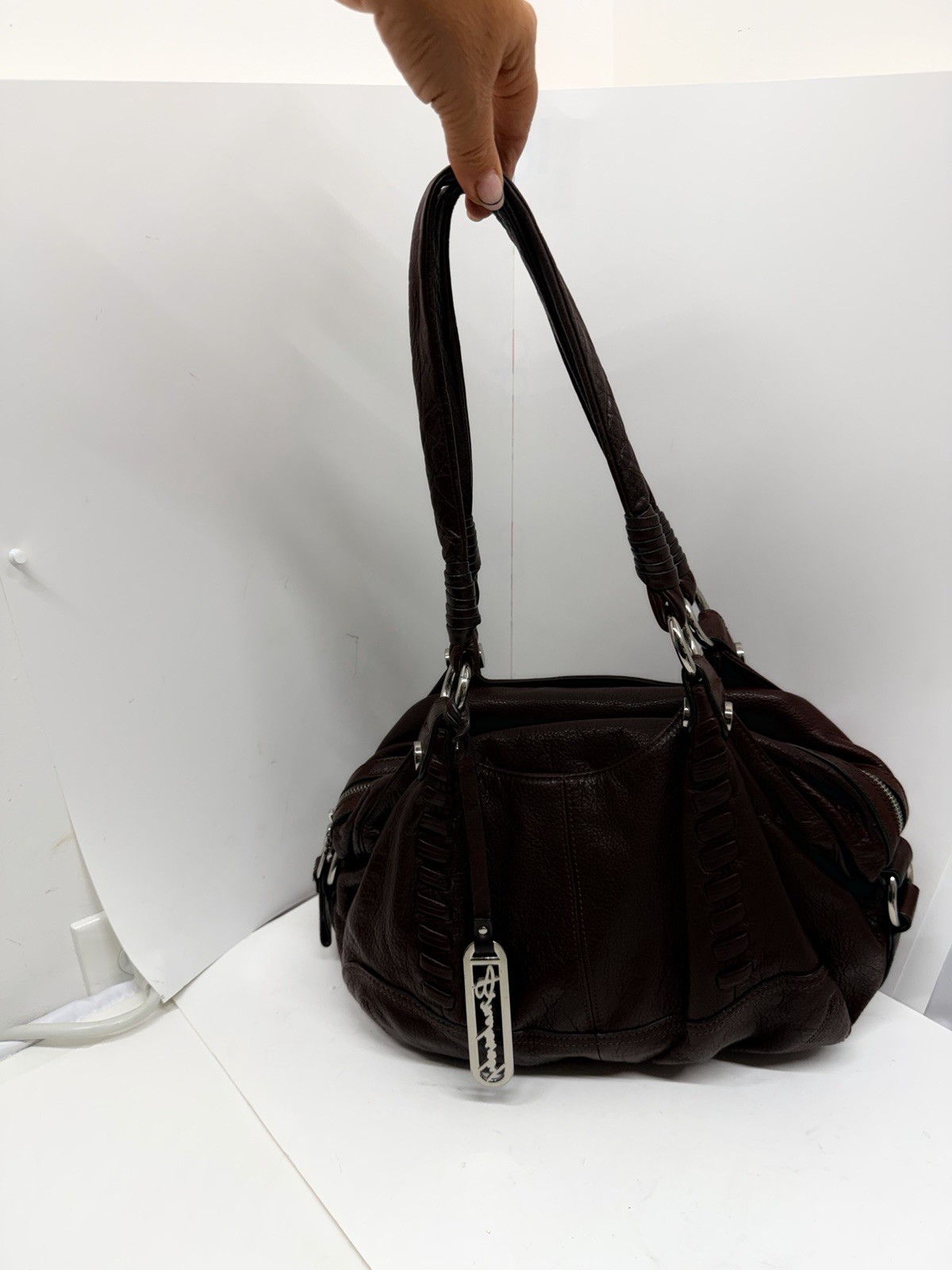 B. Makowsky Brown Pebbled Leather Shoulder Bag Satchel Purse Braided Handles
