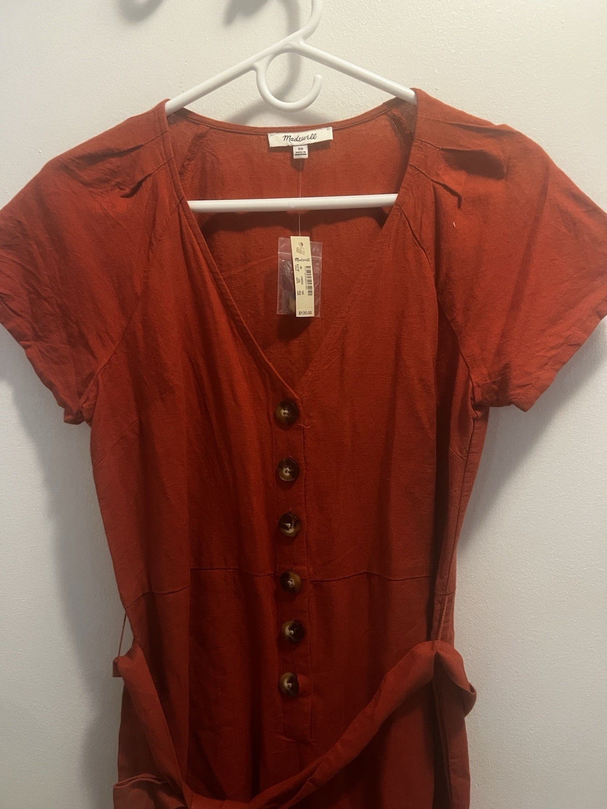 Madewell Rust Linen Button Front Wide-Leg V-Neck Jumpsuit Women’s 00