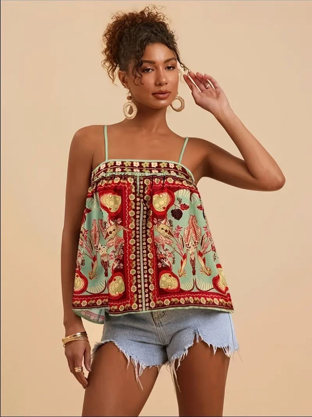 Mint & Red Floral Print Spaghetti Strap Women’s Tank Top Summer (Size M)
