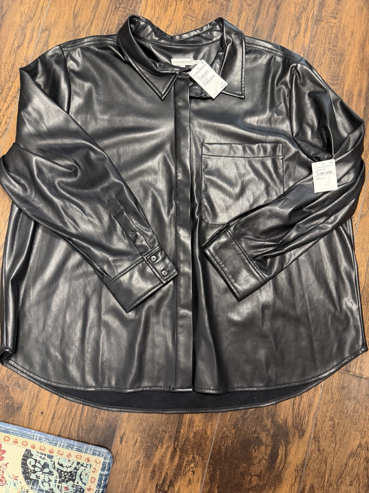 Good American Faux Leather Button Up Shirt Women’s Size 8 Black Long Sleeve NWT