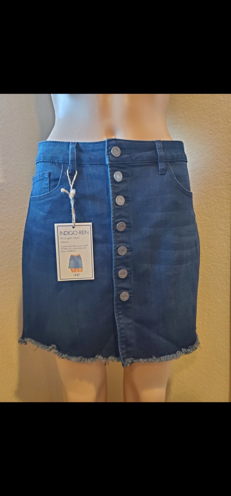 NEW INDIGO Rein Denim Skirt S Button Frayed Hem Blue dark wash jean 29Small