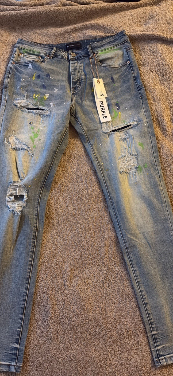 PURPLE Men’s Blue Light Wash Distressed Slim Fit Skinny Denim Jeans NWT