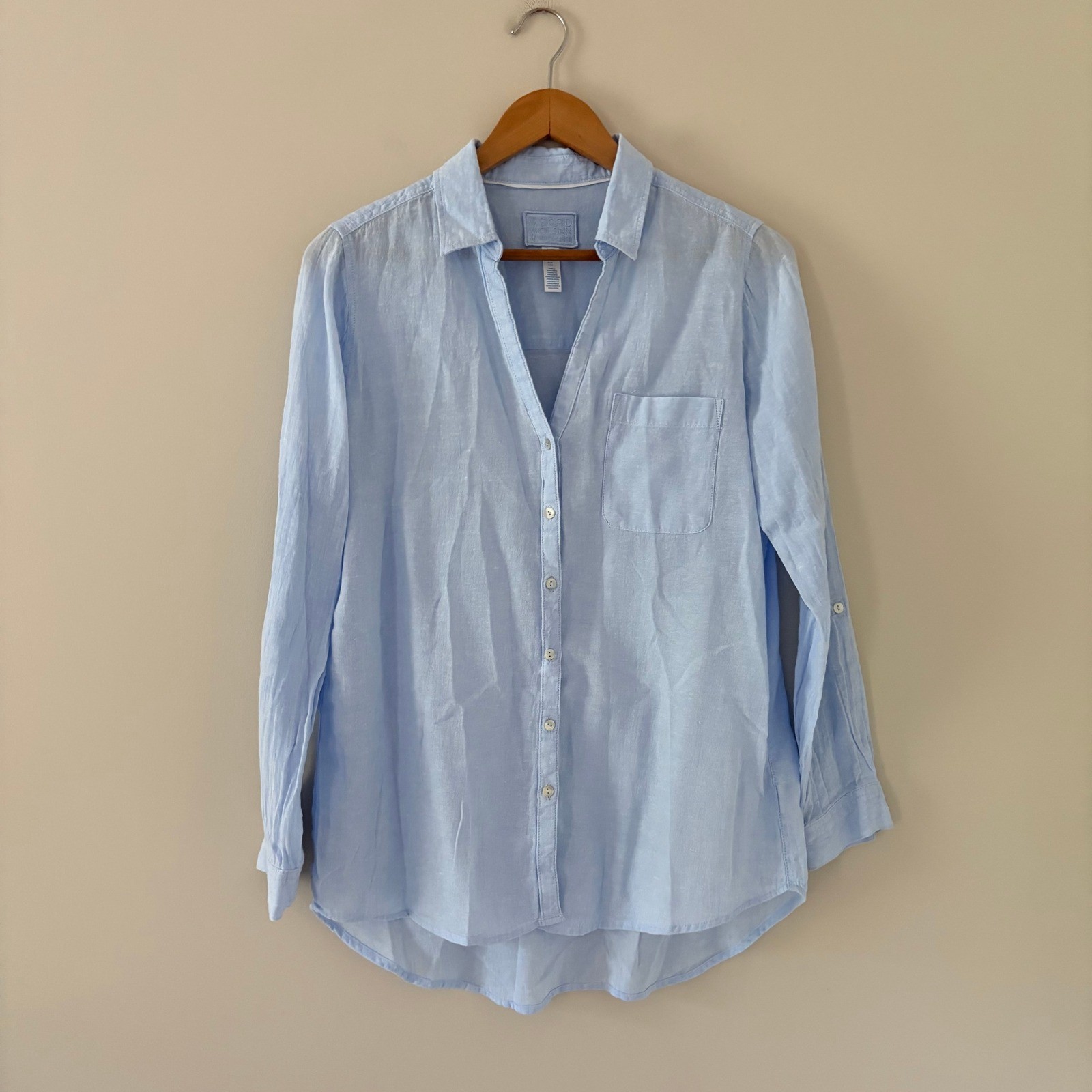 Sigrid Olsen Button Down Shirt Medium Light Blue 100% Linen Roll Tab Sleeve Top