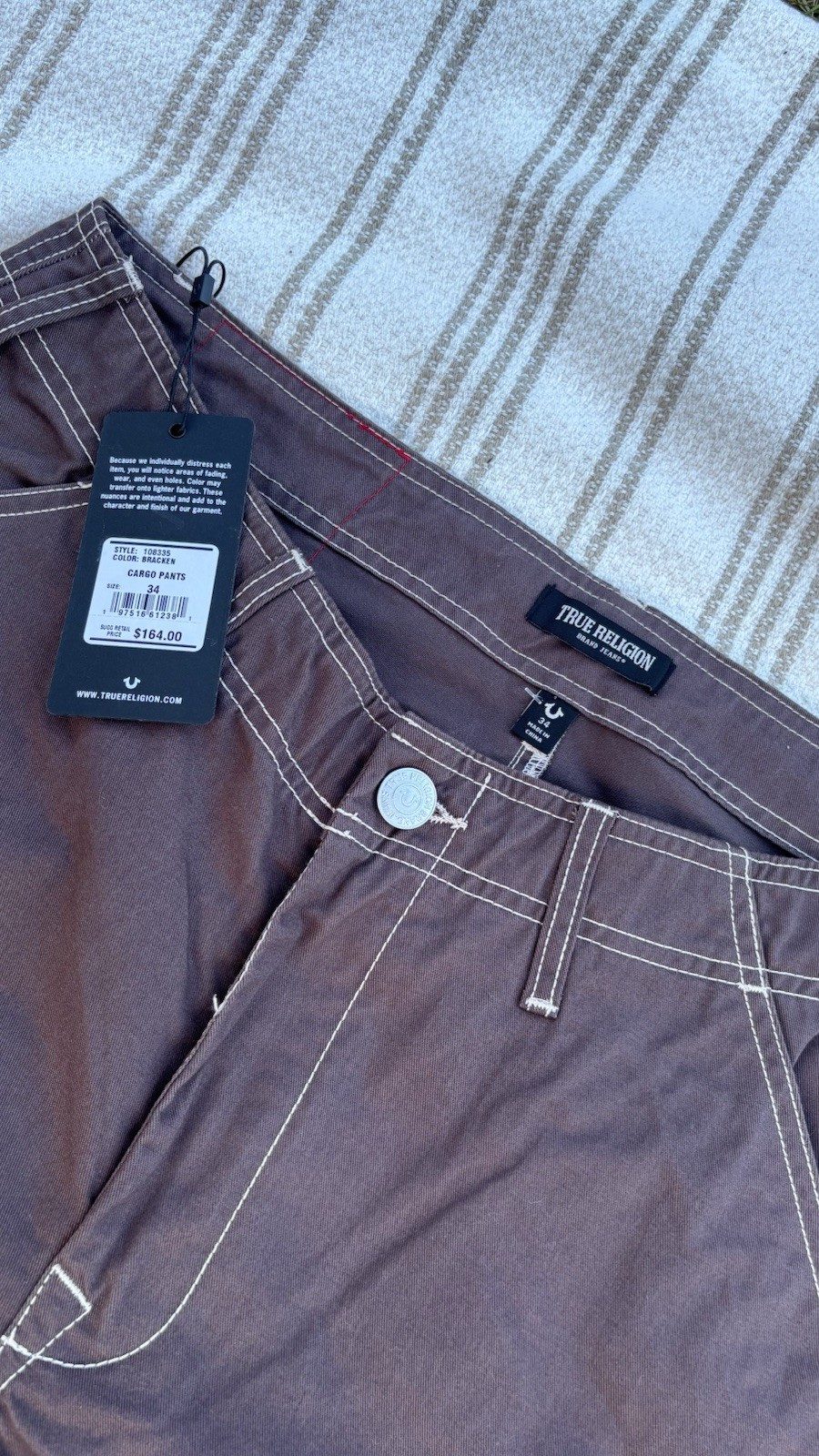 True Religion Men’s Bracken Brown Wide Cargo Pants, Size 34