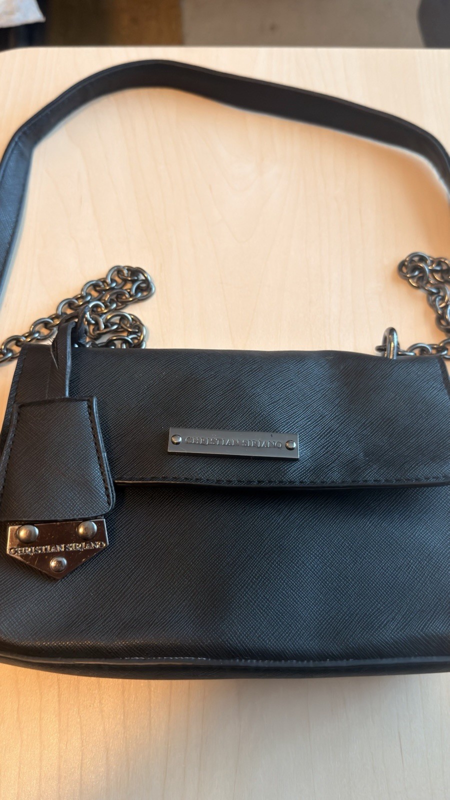 Christian Siriano Black Crossbody, Chain Strap, Striped Lining
