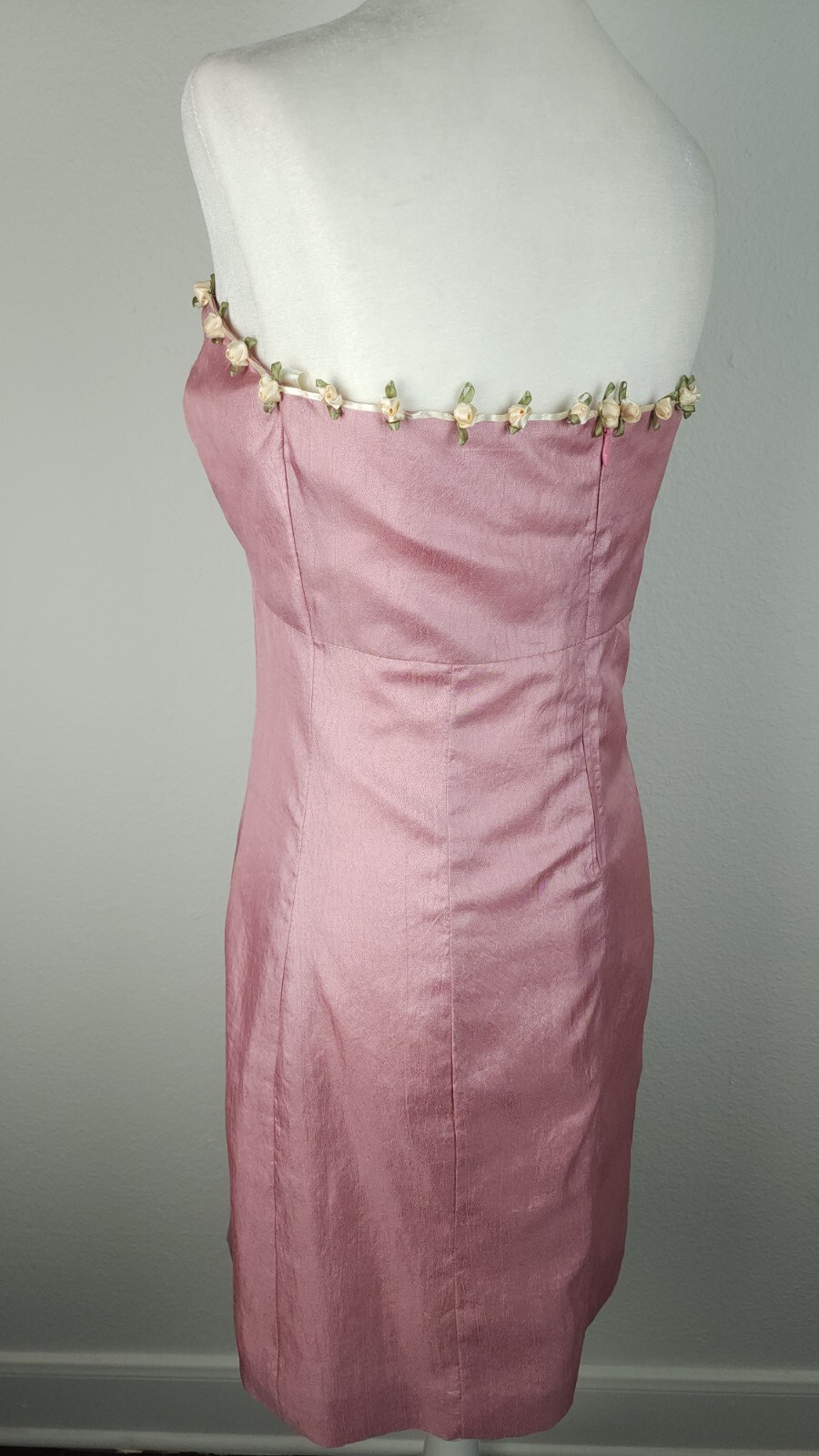 Vintage 90s Pink Silk Satin Rosebud Dress Strapless Ivory Ribbons Homemade ~M