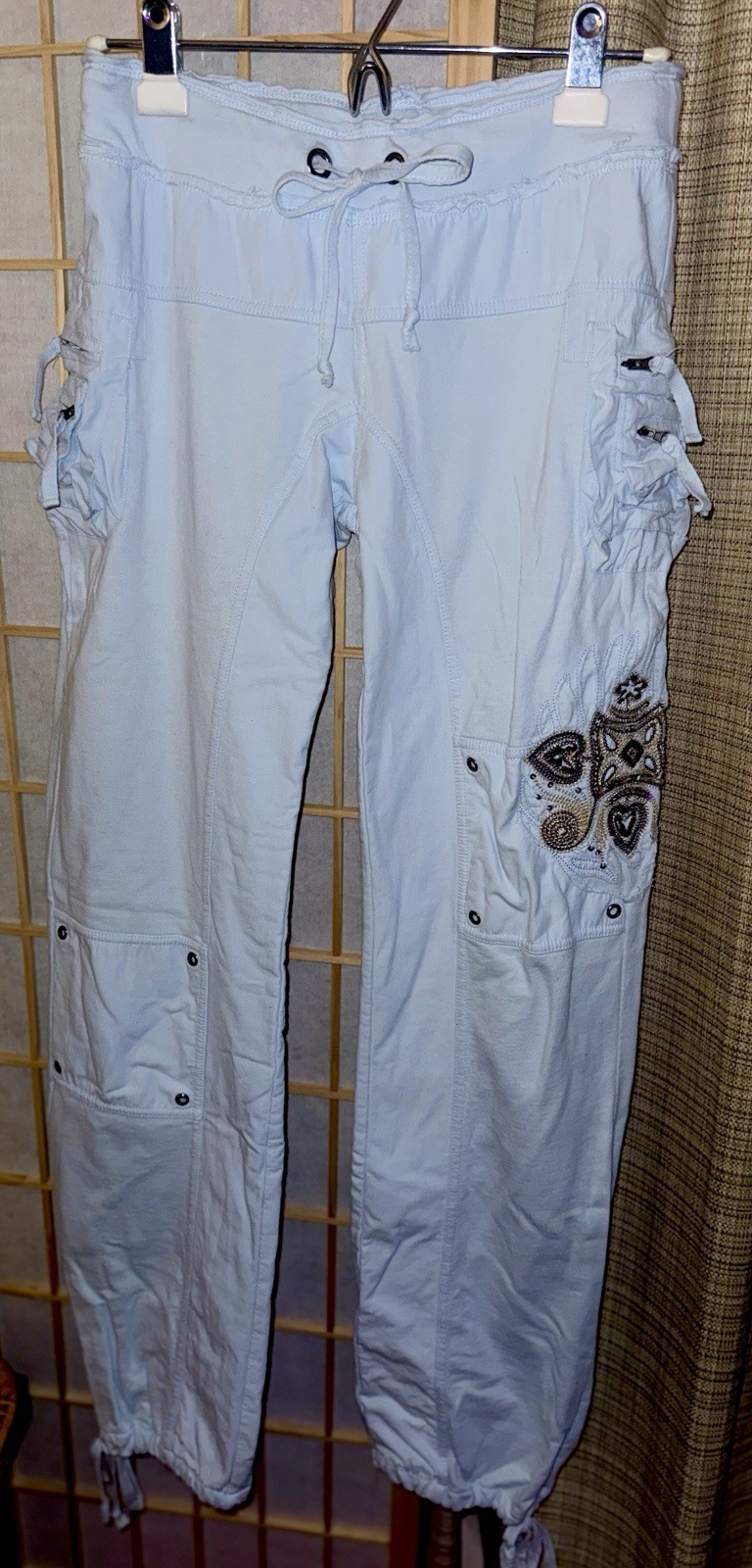 Tokyo Light Blue Cargo Pants Denim 100% Cotton Embroidery Sequins Size Small