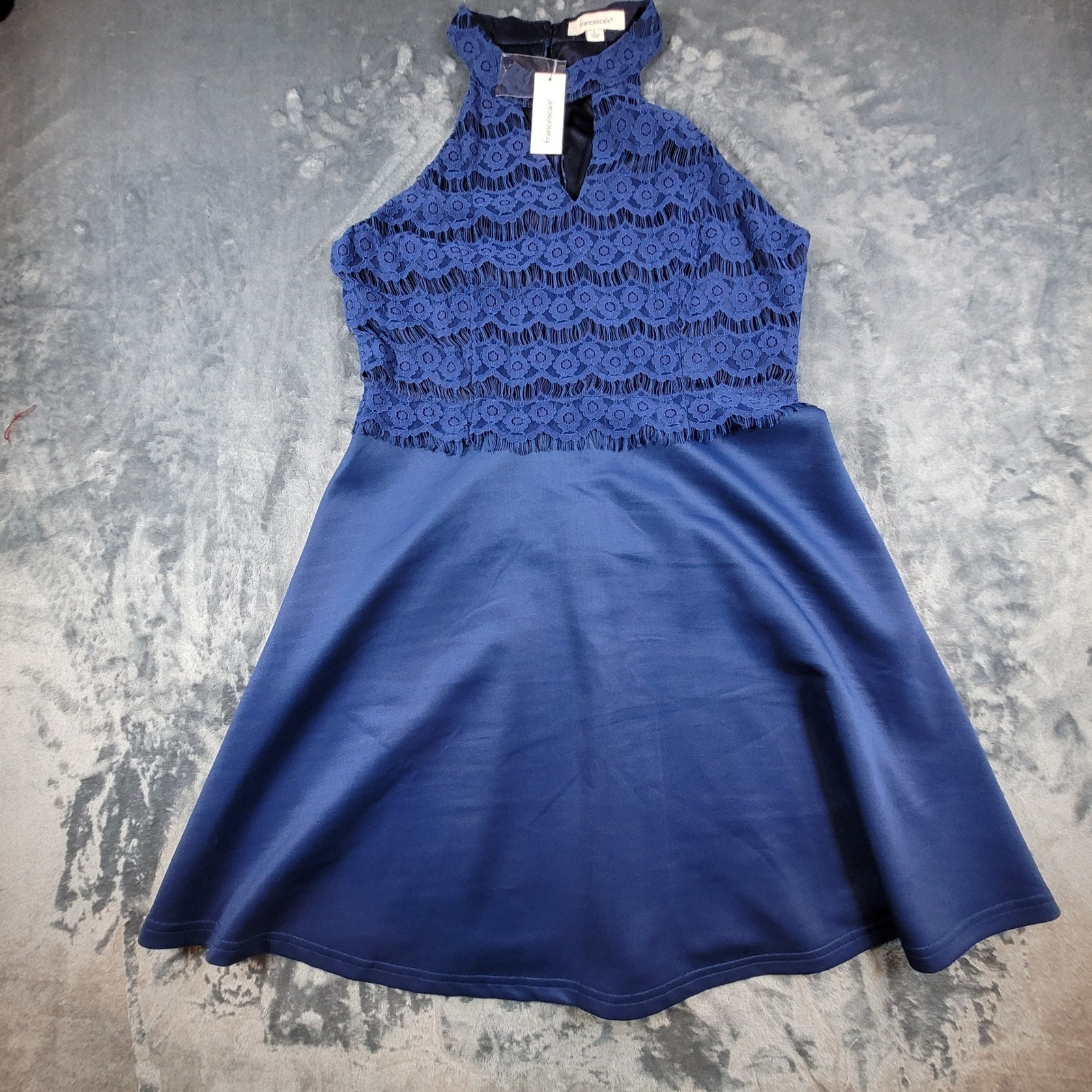 Francesca’s Navy Blue Lace Halter Keyhole Skater Dress F18D124 Womens Large NWT