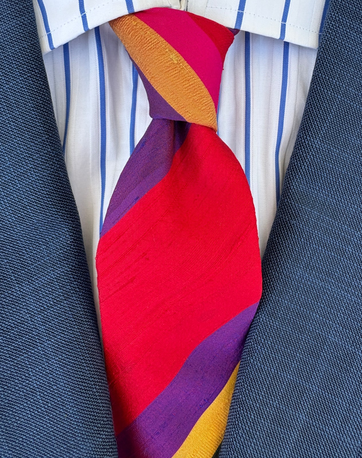 Ralph Lauren Purple Label Red & Violet Stripe Shantung Silk Tie – Italy- $235.00