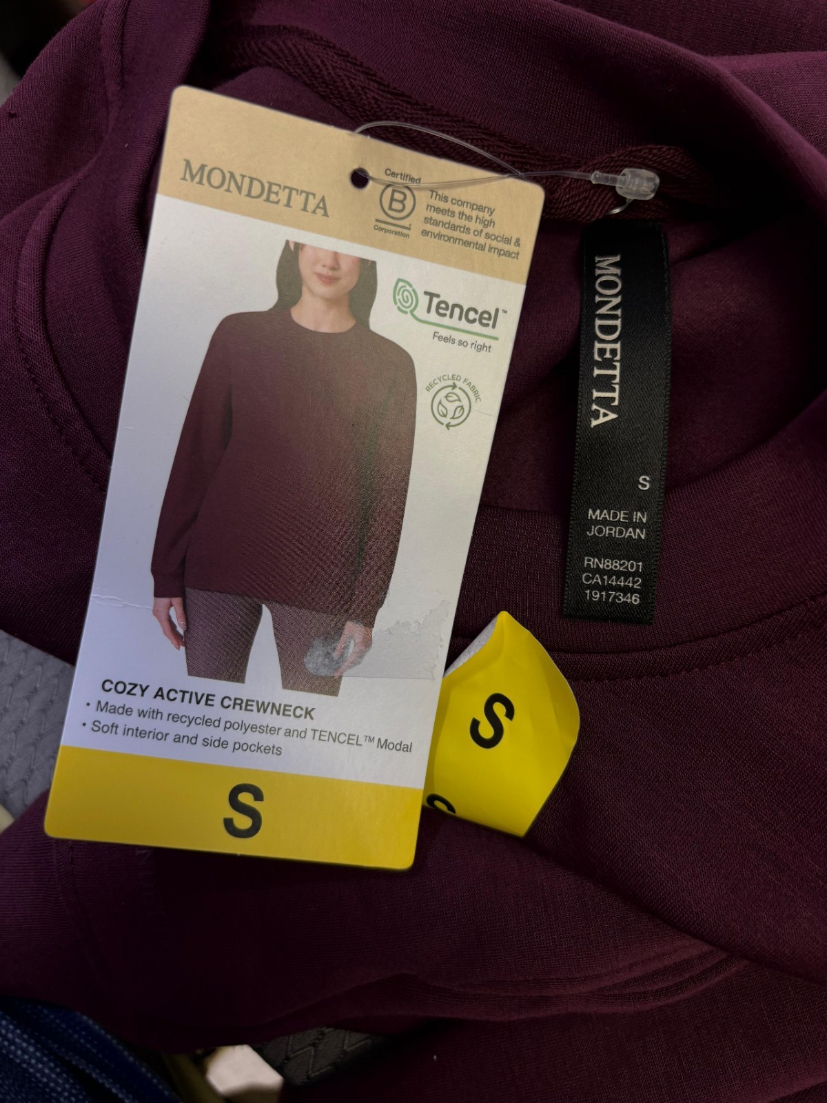 Mondetta Fleece Active Sweatshirt Womens S Dark Red Crewneck with Pockets NEW