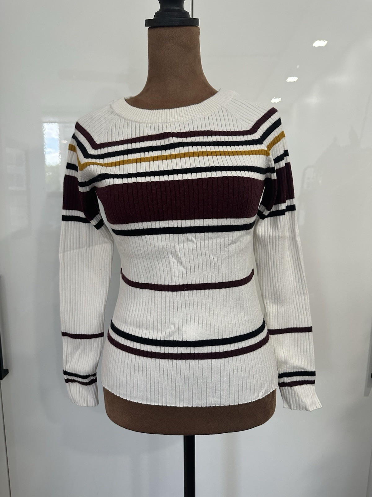Fashion Nova Fitted Ivory Striped Sweater Ribbed Knit Long Sleeve Size Large