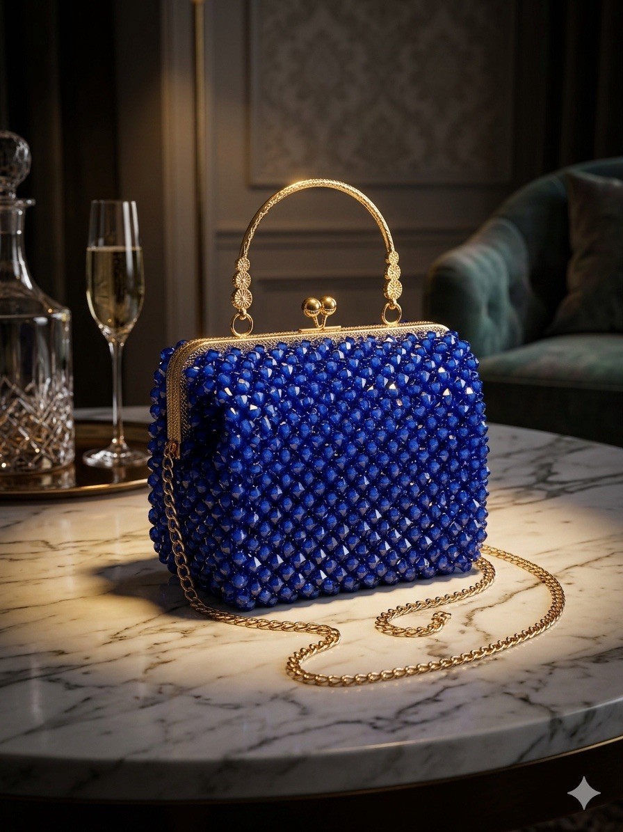 Women’s Blue Beaded Box Clutch, Gold Top Handle, Detachable Chain, Kiss Lock