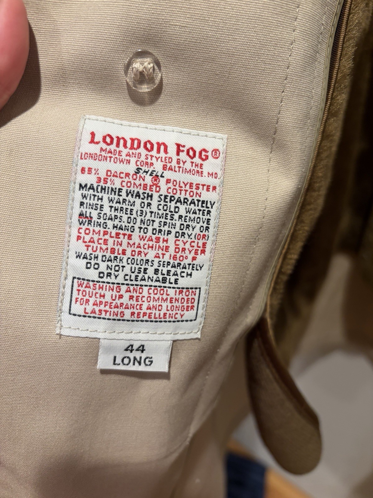 London Fog Maincoats Men’s Trench Coat Beige Canvas removable Faux Fur Lining 44