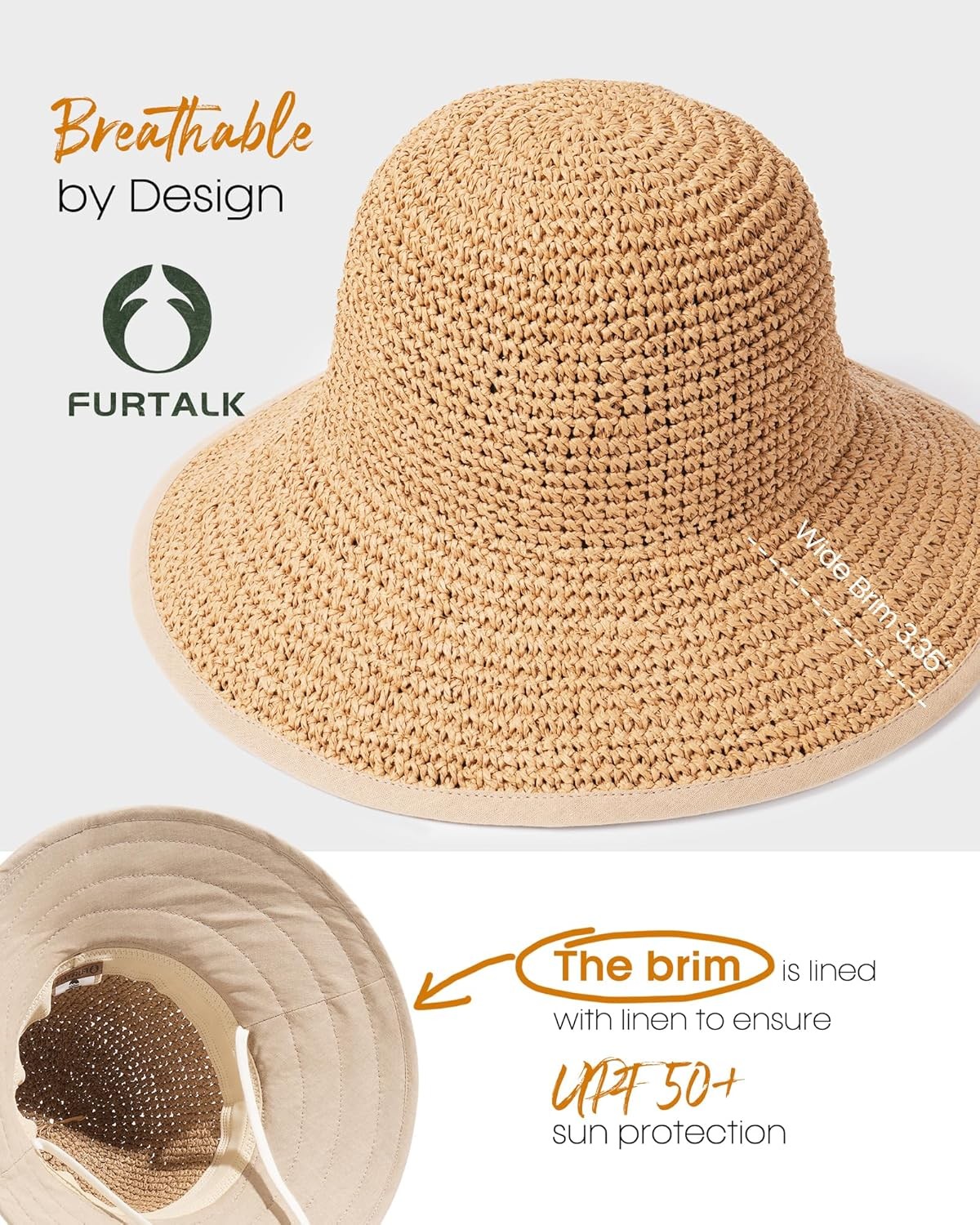 FURTALK Summer Straw Beach Sun Hats for Women UPF 50 Floppy Wide Brim Travel Buc