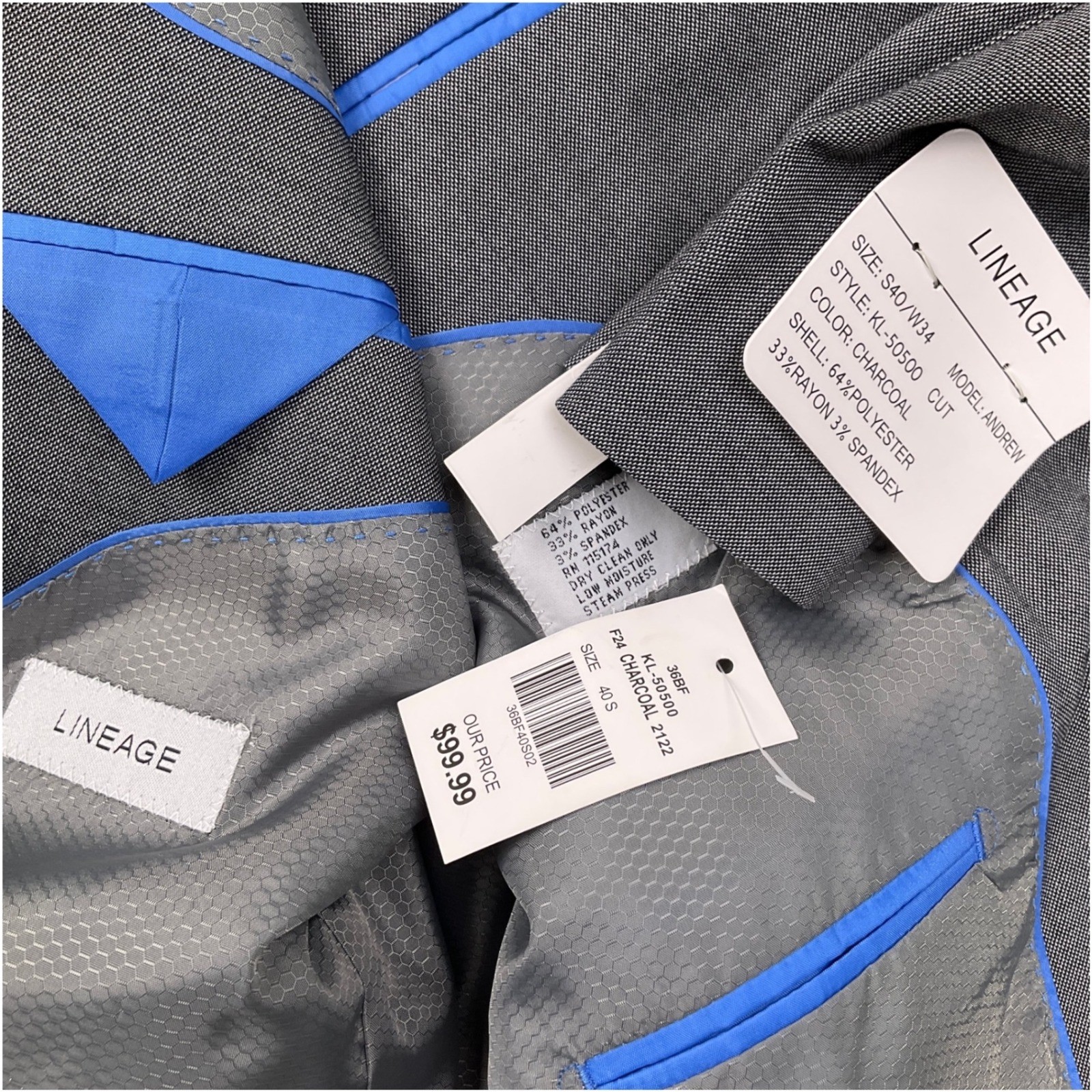 Lineage Suit Mens 40S 34W Charcoal Andrew Double Breasted Modern Fit Unhemmed