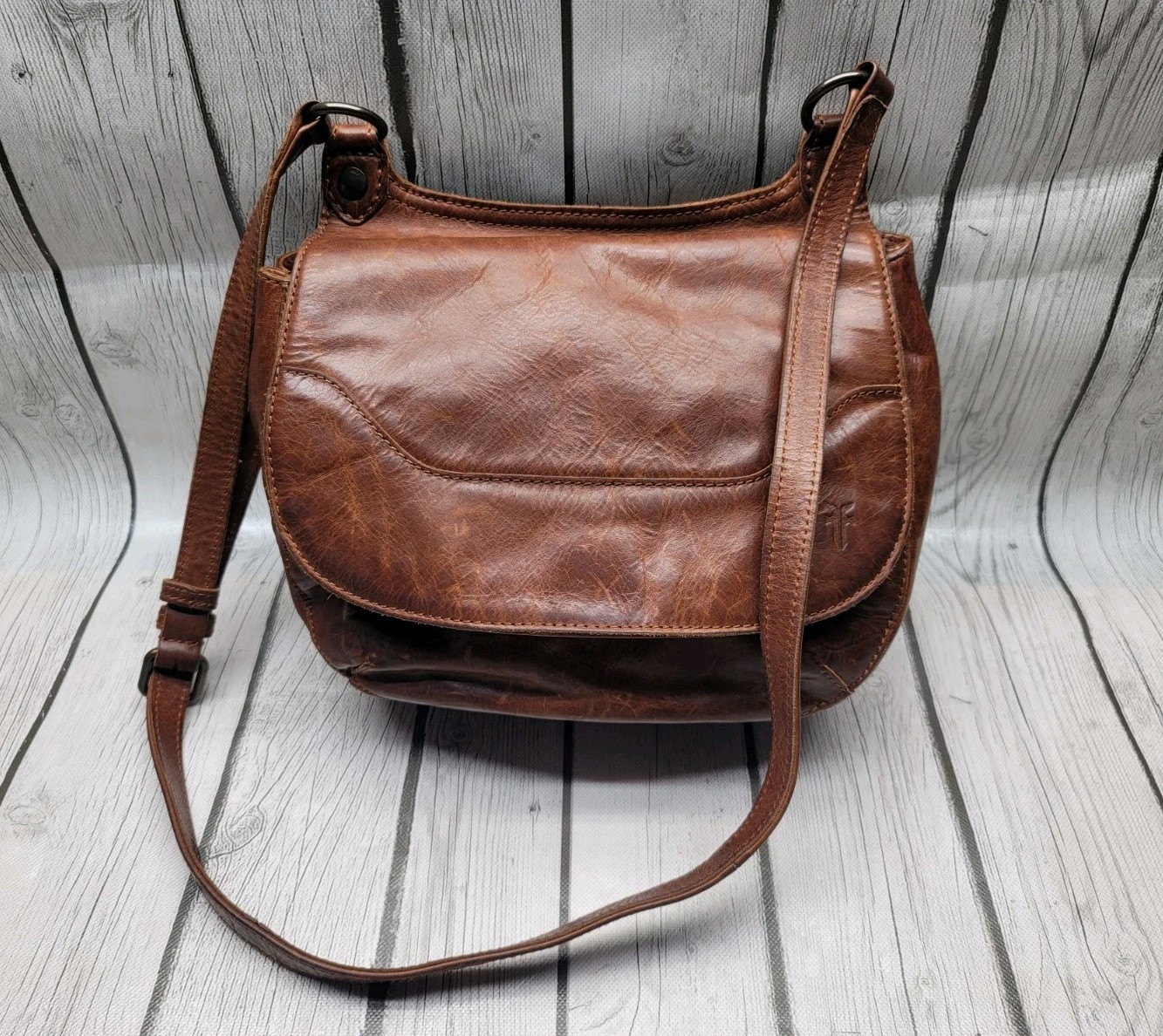 Frye Melissa Dark Cognac Brown Leather Flap Closure Saddle Crossbody Bag Purse