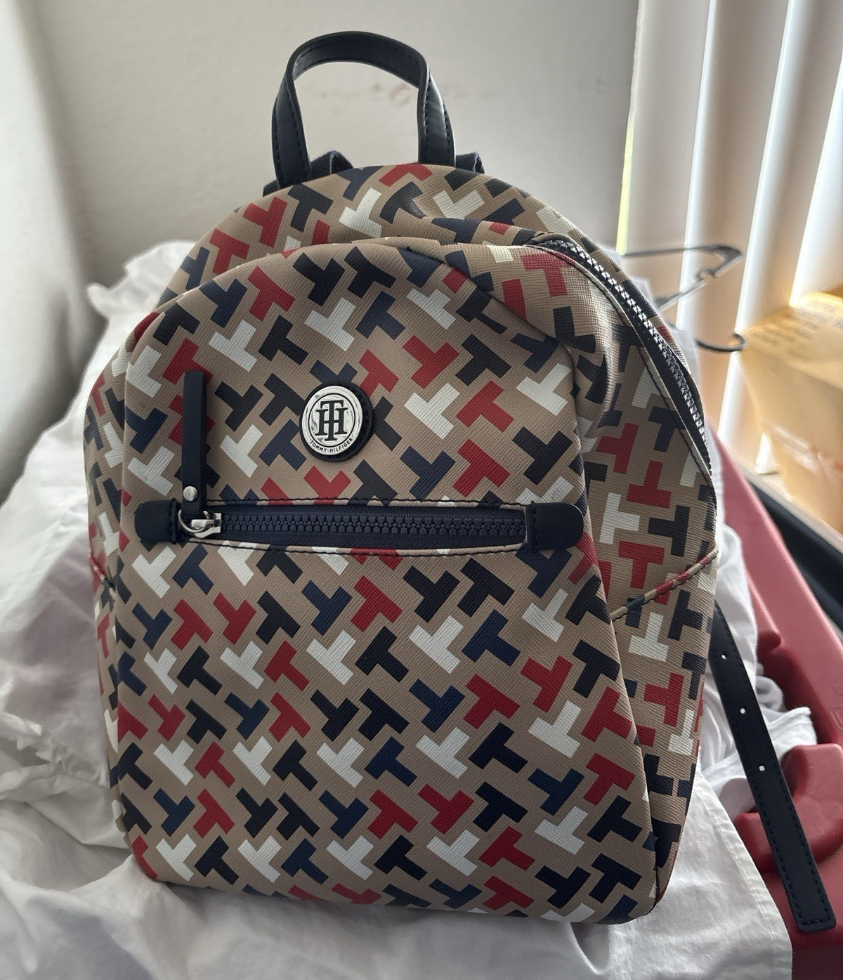 Tommy Hilfiger Logo Print Backpack Beige/Navy/Red Zip Adjustable Strap