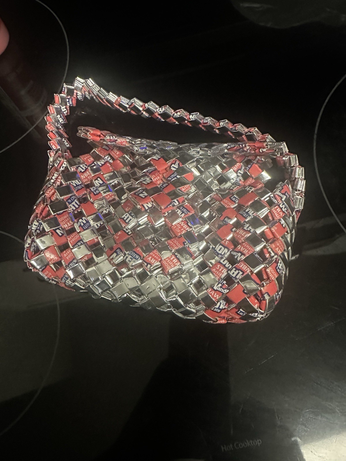 A Small Purse Made Out Of Candy Wrappers, Now&Later Candy Wrapper And silver