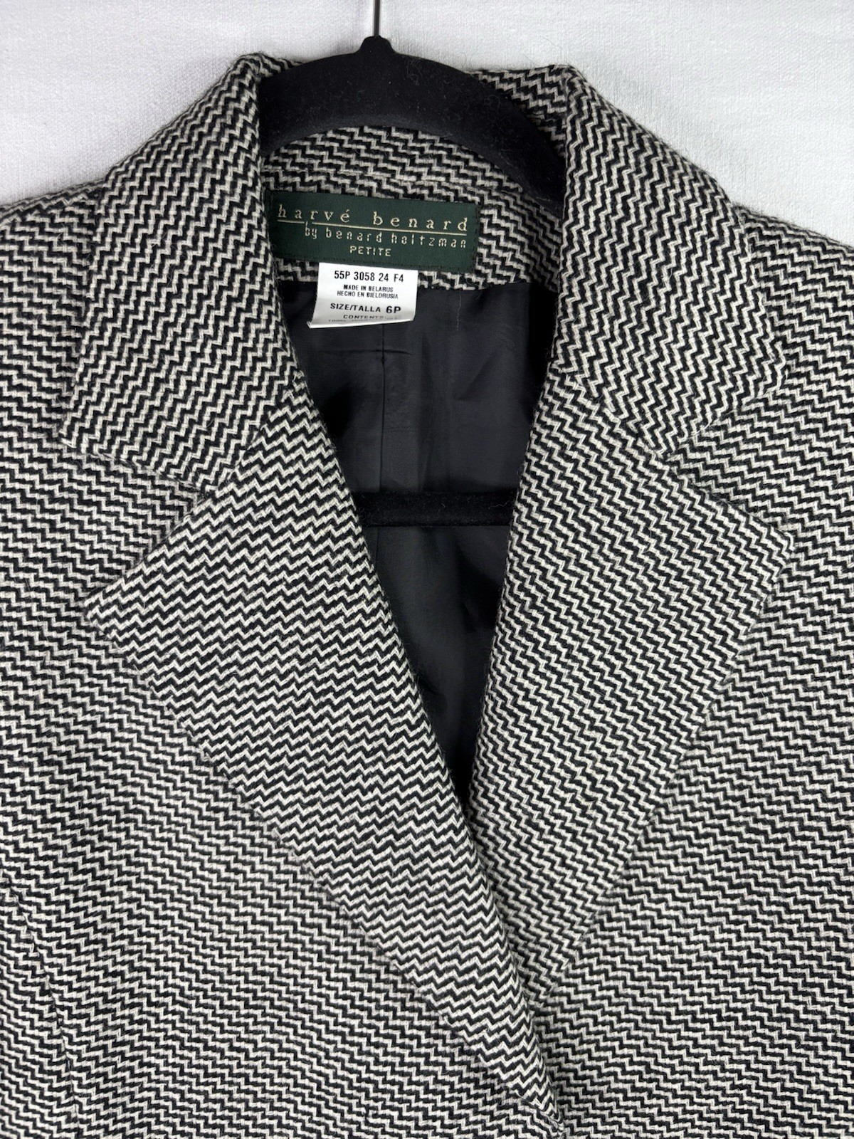 Harvé Benard Jacket 100% Wool Blazer 6P Herringbone Weave Classic Black & White
