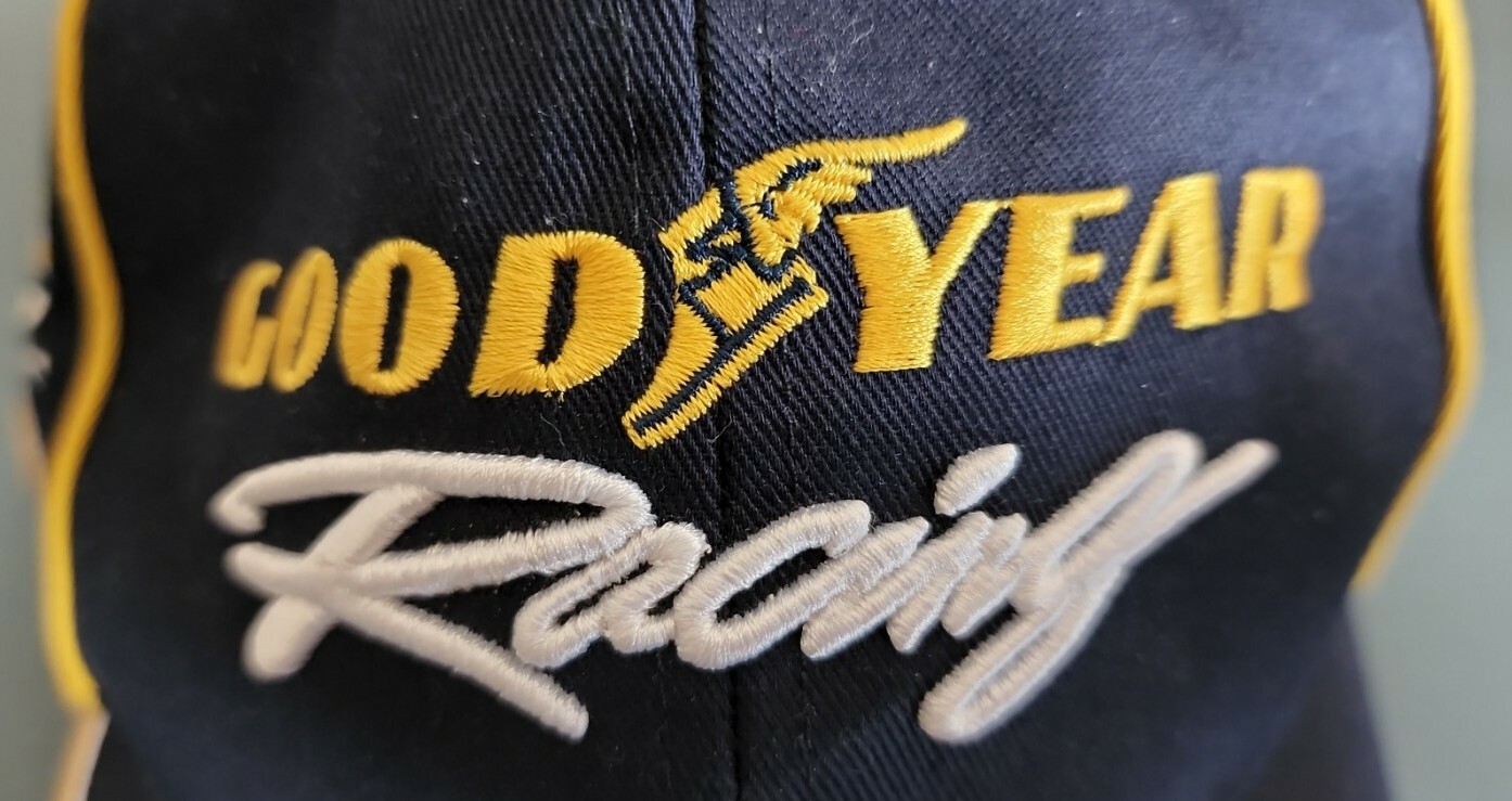 Good Year #1 Racing Adult Adjustable Strapback Cap Navy Blue Yellow Flames NWOT