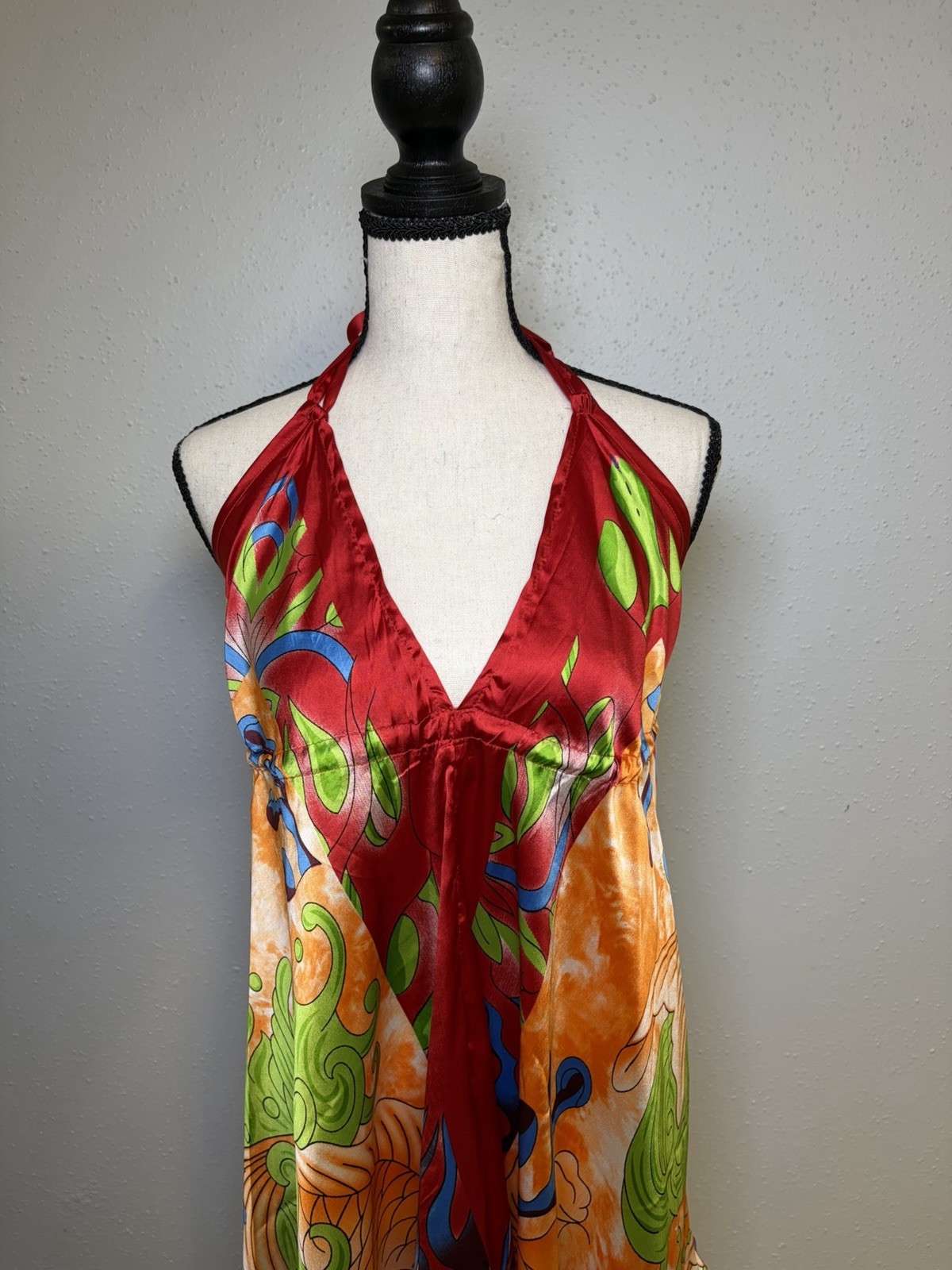 India Boutique Vibrant Flowy Koi Fish Print Halter Mini Dress One Sz Bohemian
