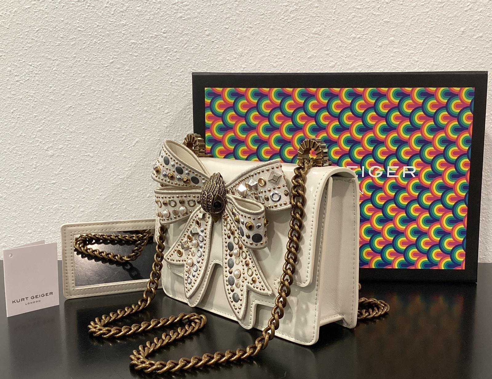 Kurt Geiger Small Shoreditch Bow Bone Leather Gems Studs 7.75″x5″x2.25″ Boxed