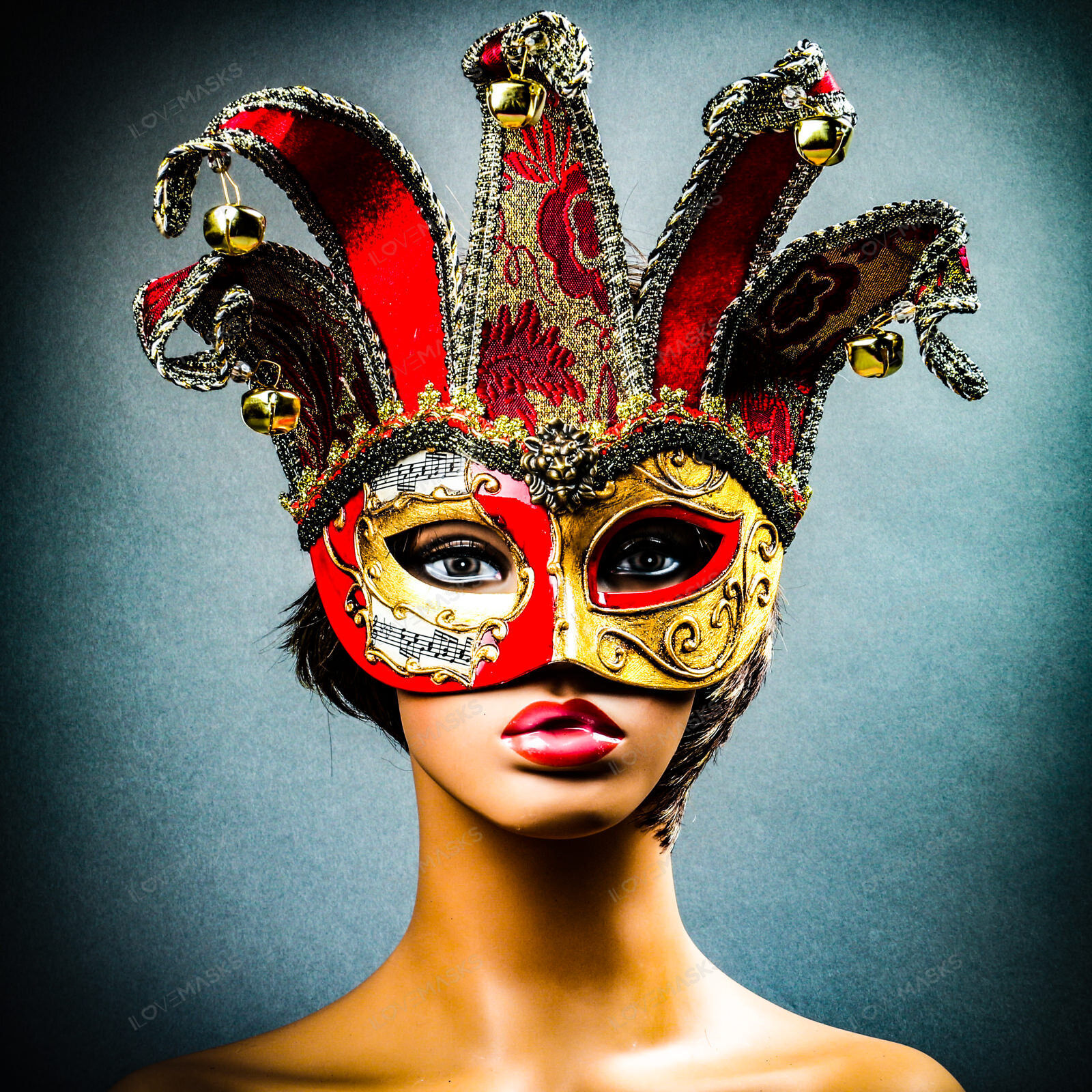 Jester Joker Venetian Musical Eye Mask with Bells – Gold Red Halloween Eye Mask