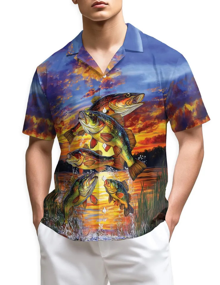Largemouth Bass Fishing Hawaiian Shirt Sunset Tropical Men Aloha
