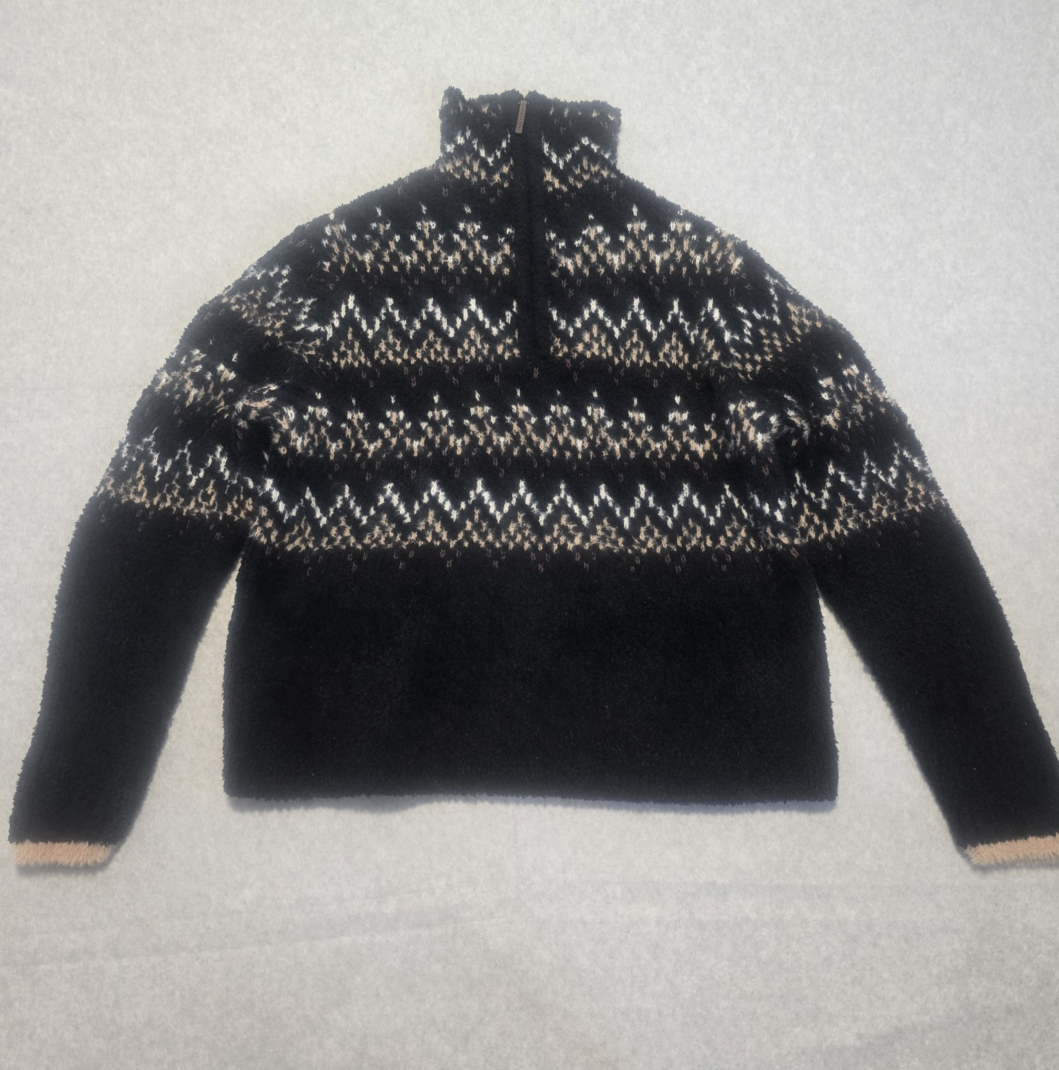 Natural Reflections Quarter Zip Pullover Women M Black Fair Isle Cabin Gorpcore