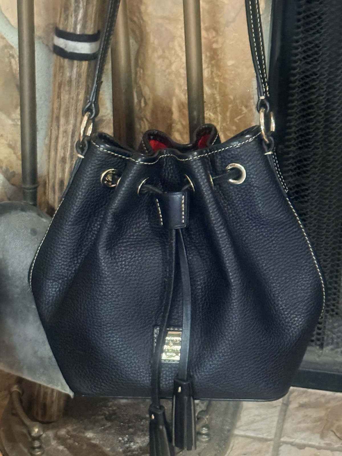 Dooney & Bourke Black Pebbled Drawstring Bucket Bag Tassel, Adjustable Strap