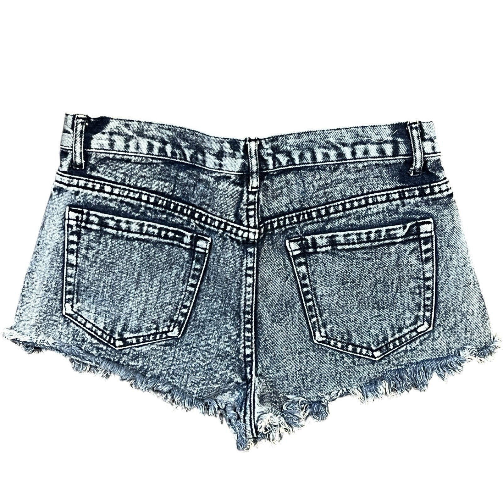 FOREVER 21 Denim Jean Shorts Blue Acid Wash Distressed Fringe Frayed Size 28