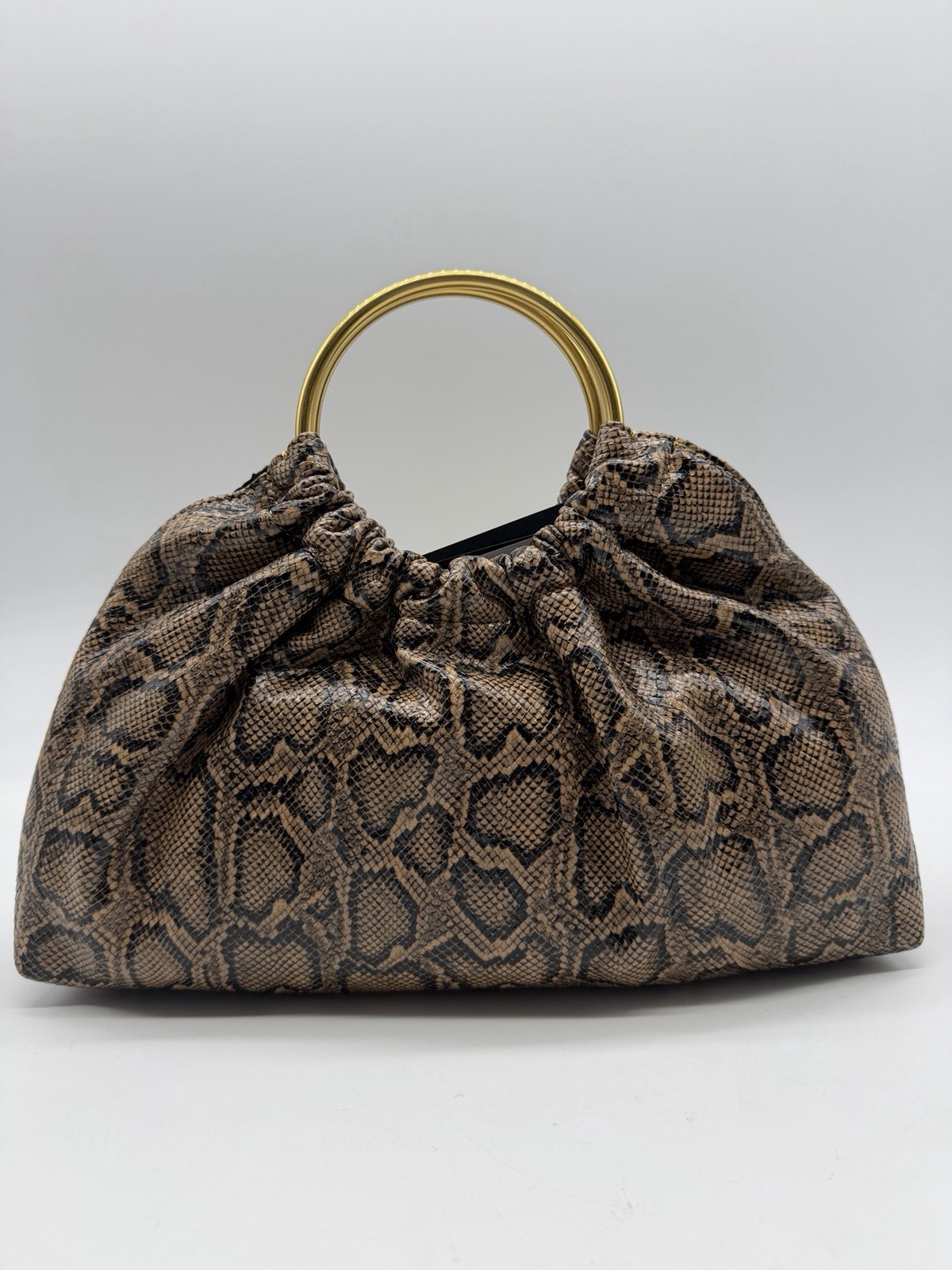 REBECCA MINKOFF Madeleine snake print round handle small satchel – Brown
