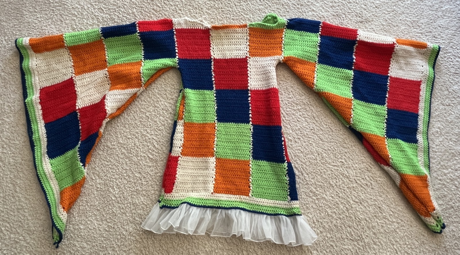 Vintage Boho 1960s Homemade Colorful Patchwork Crochet Flared Angel Wing Top