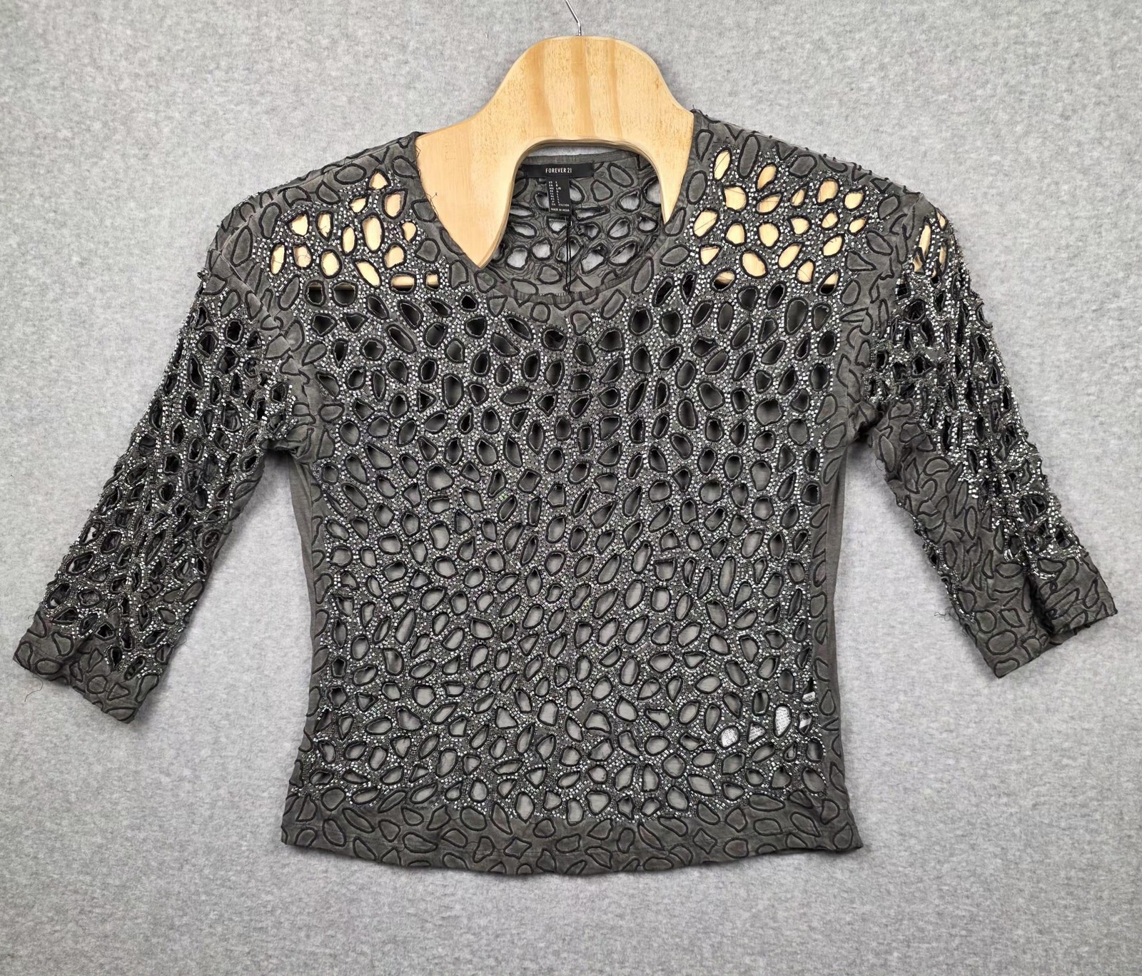Forever 21 Shirt Womens Large Gray Beaded Cutout Sheer Grunge Whimsigoth