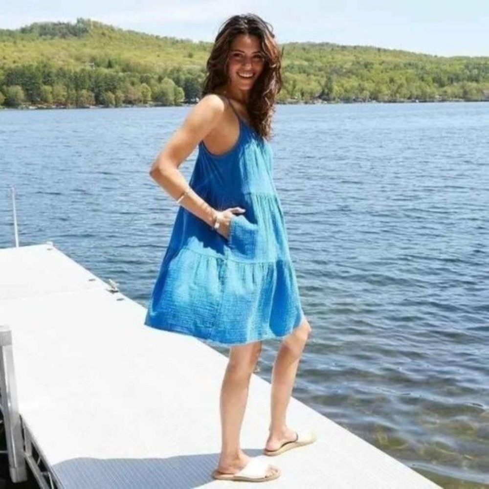 Blue Tiered Mini Dress Spaghetti Strap Summer Casual Pockets XXL