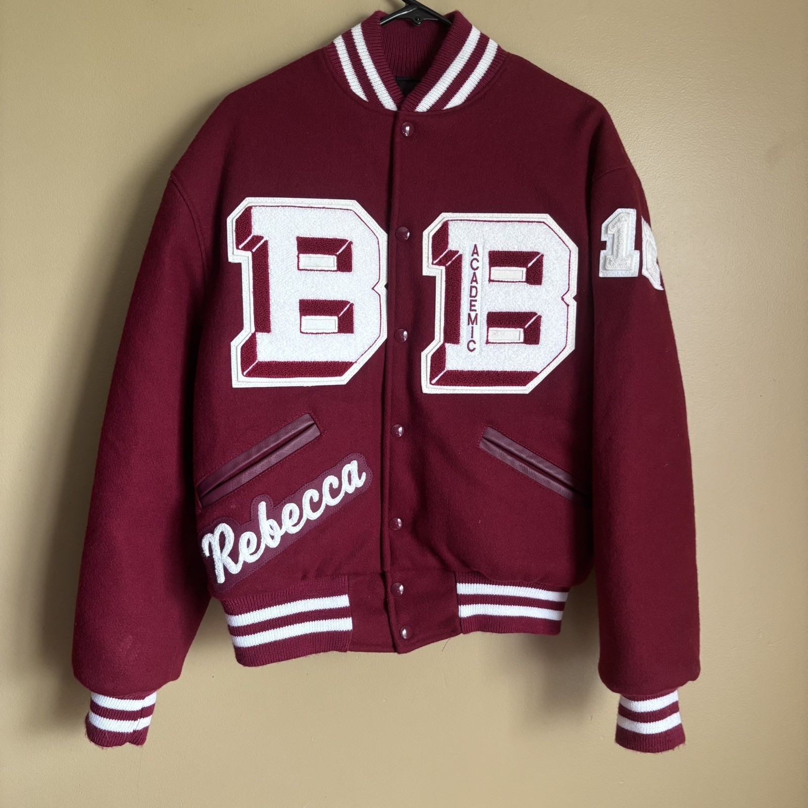 Vintage Varsity Letterman Jacket Red White Wool Leather Size Medium 80s 90s