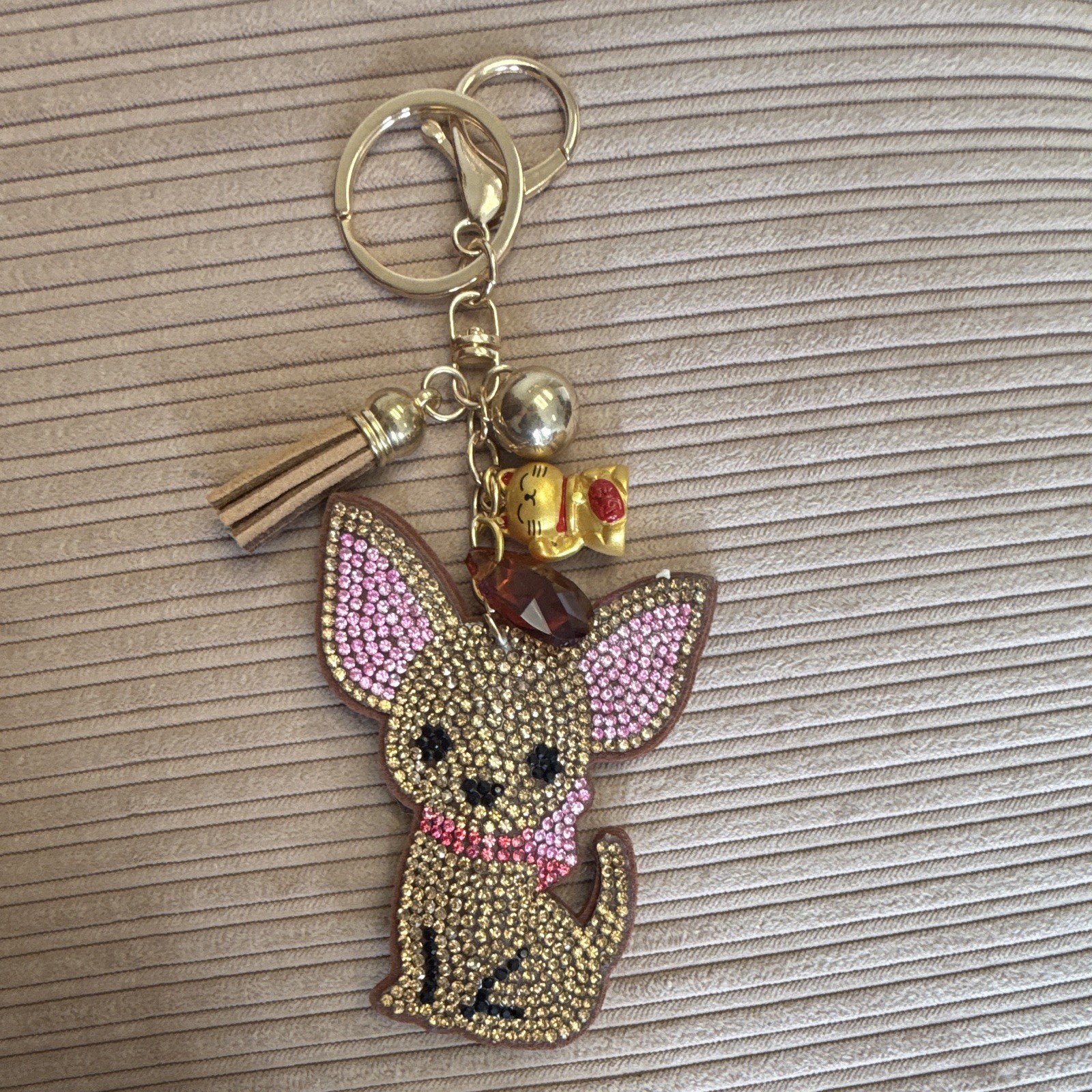 Rhinestone Dog & Maneki-neko Key Chain Bag Charm Tassel Clip 6in Gold Pink