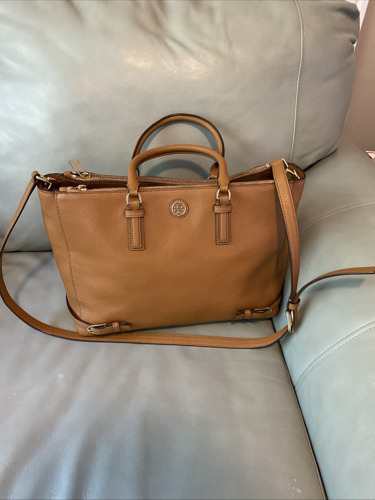 Tory Burch Robinson Tigers Eye Tan/Brown Saffiano Leather Handbag Satchel Nice