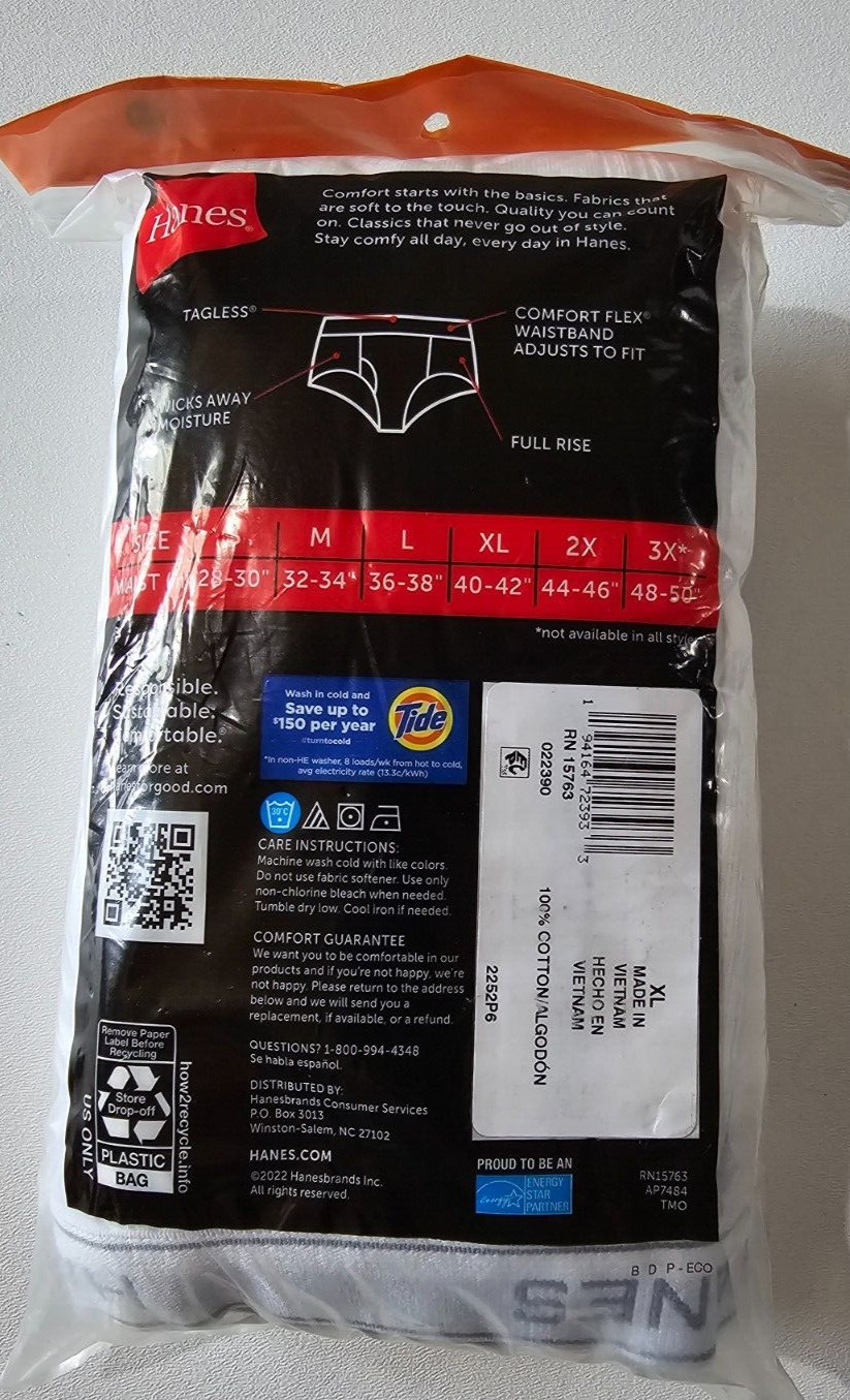 Hanes Men’s Tagless White Briefs with ComfortFlex Waistband XL 6 PACK