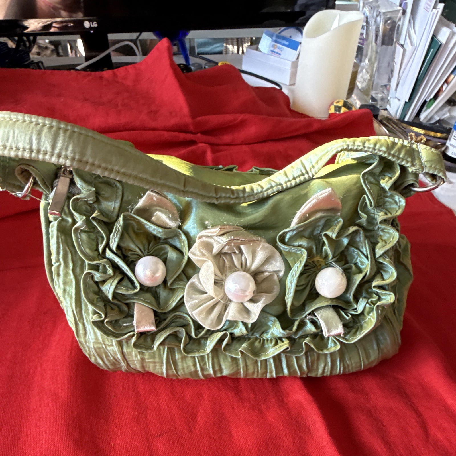 Green Ruffle Bow Beaded Floral Shoulder Bag Silver Hardware Zip Magnetic Lined