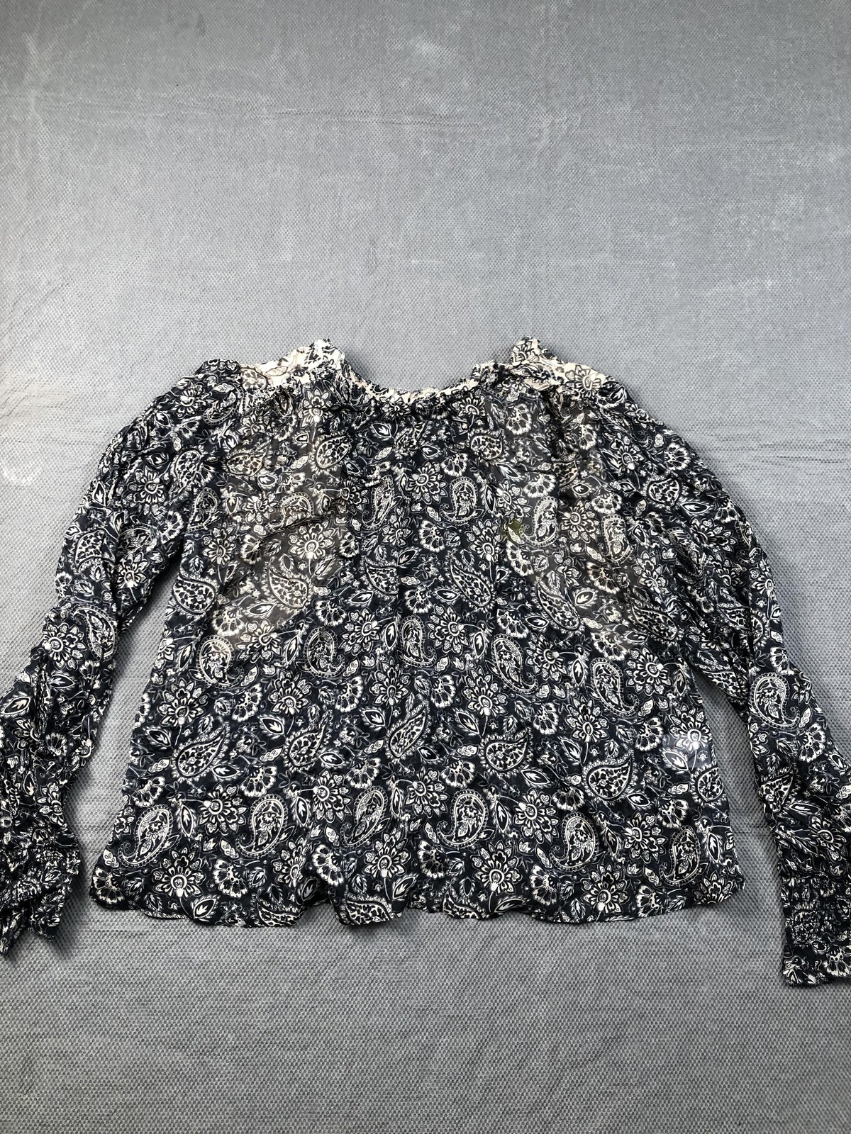 Boden Blouse Womens 8 Black Round Neck Long Sleeve Paisley Ruffle Sheer NWT