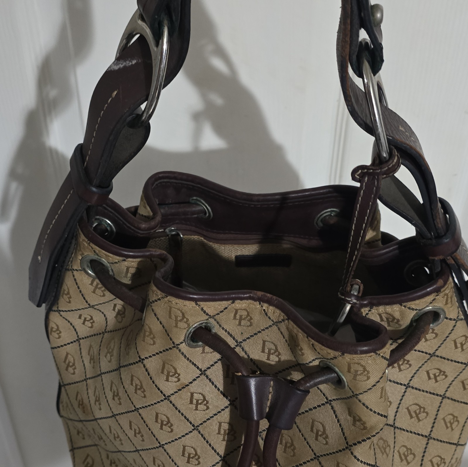 Dooney & Bourke Beige/Brown Logo Bucket Drawstring Shoulder Bag, Silver HW