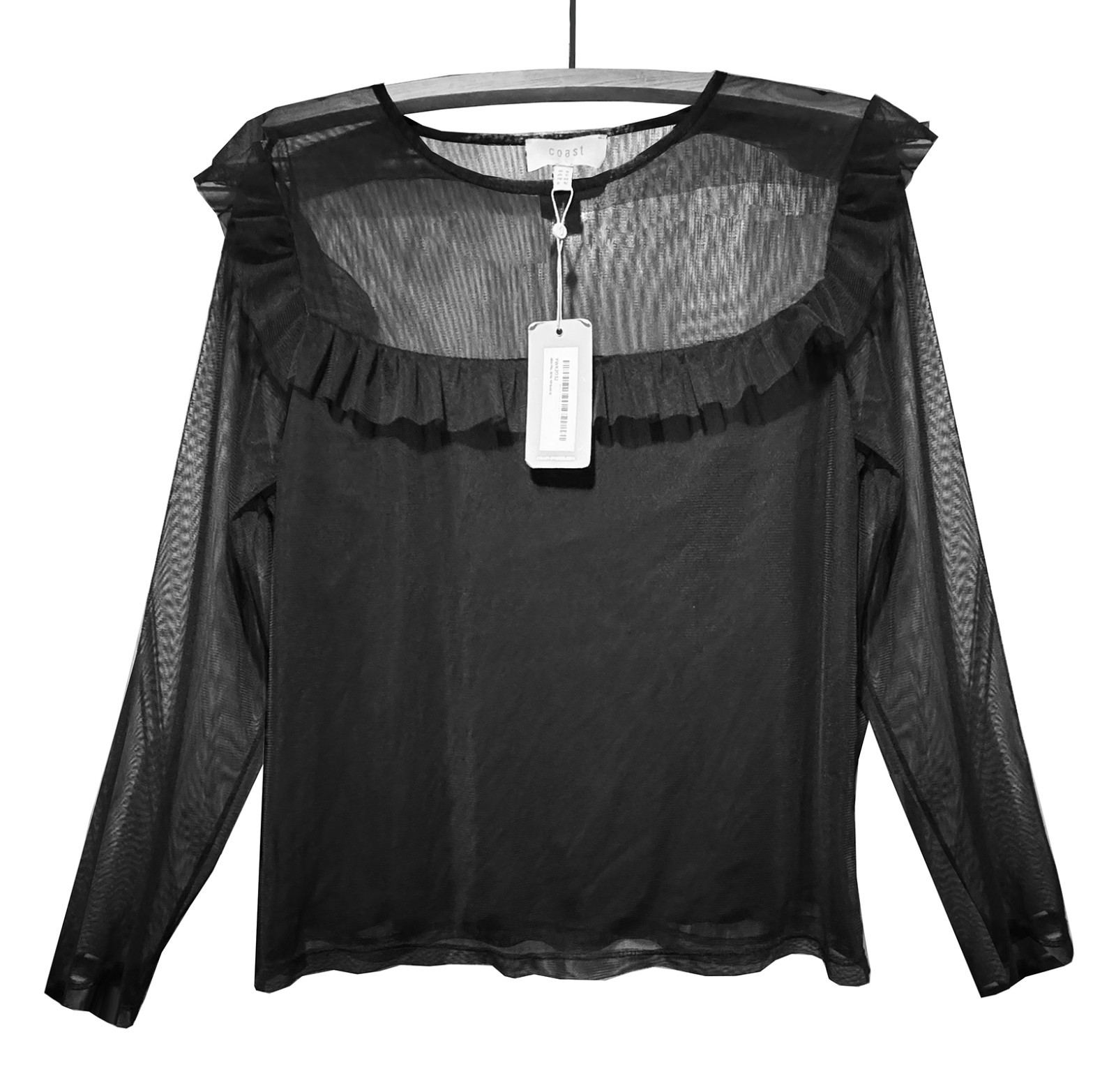 Coast Black Mesh 2-in-1 Lined Long Sleeve Ruffle Top Size 16 BNWT